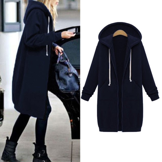 Autumn Winter Women Long Jacket Hoodies Sweatshirt