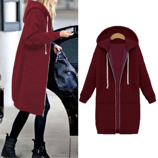 Autumn Winter Women Long Jacket Hoodies Sweatshirt